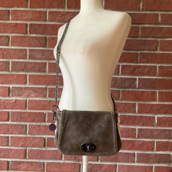 ASH Dark Taupe Leather Suede Boho Crossbody Chunky Metal Strap Bag - Picture 2 of 16